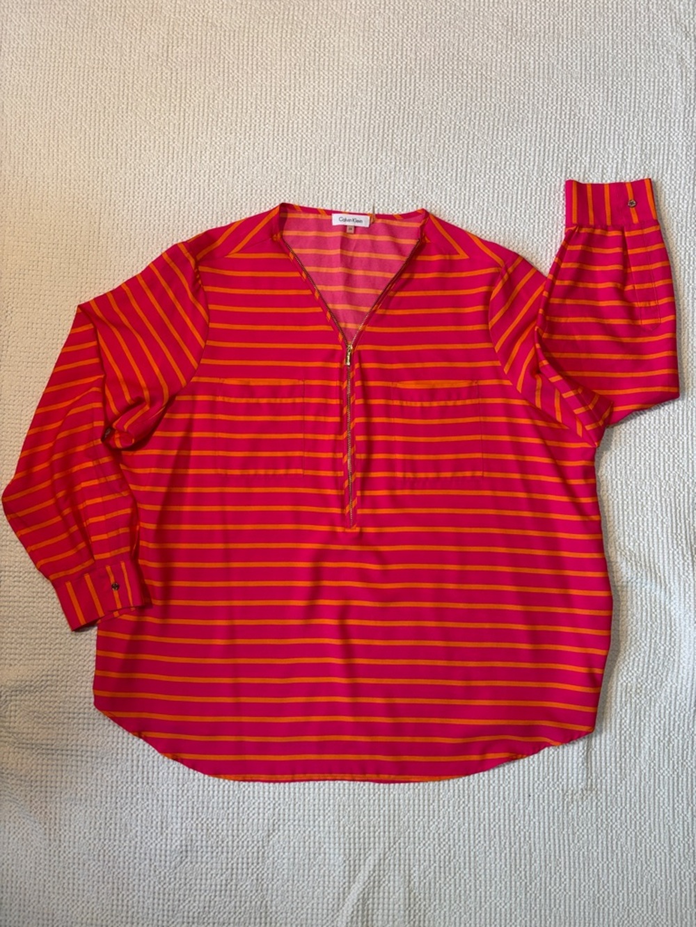 Calvin Klein Pink & Orange Striped Zipper V-Neck Blouse, 2X, NWOT, Roll Sleeves